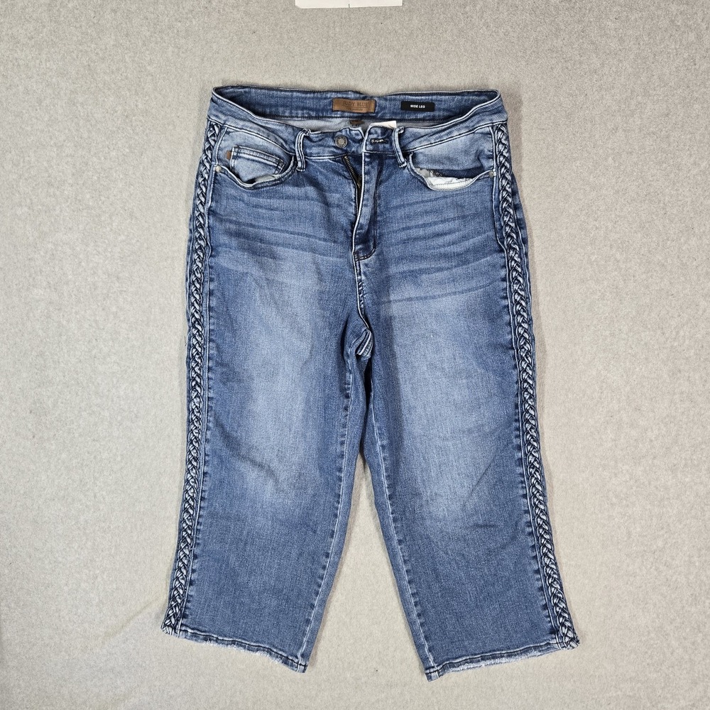 Judy Blue Women Jeans 16W Blue Denim Cropped Wide-Leg High Waist Braided